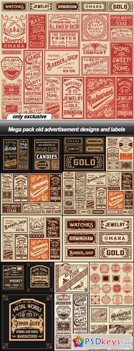 Mega pack old advertisement designs and labels - 16 EPS
