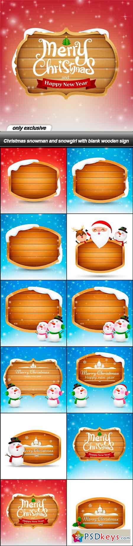 Christmas snowman and snowgirl with blank wooden sign - 12 EPS