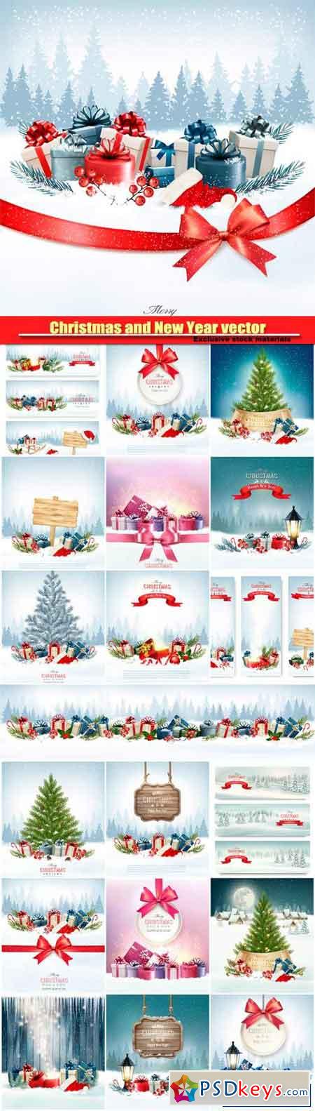 Christmas and New Year vector, holiday background, christmas tree and presents