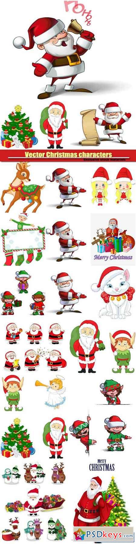 Christmas characters, Santa Claus, elves and snowmen