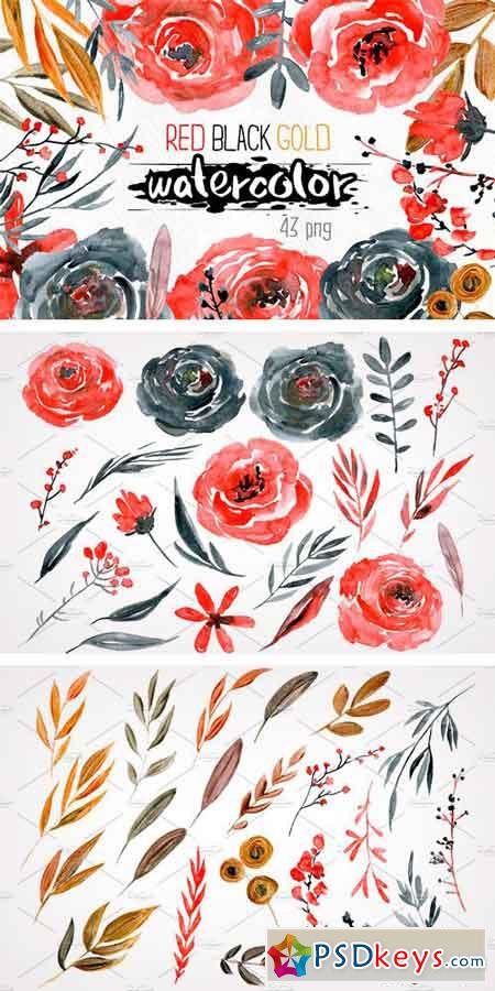 Watercolor Red Black Gold Flowers 1126328