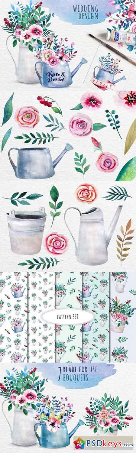 Watercolour bouquets in the pots 365058