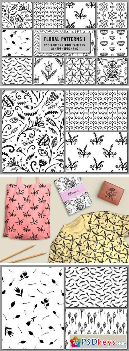 12 Hand Drawn Floral Patterns 1236924