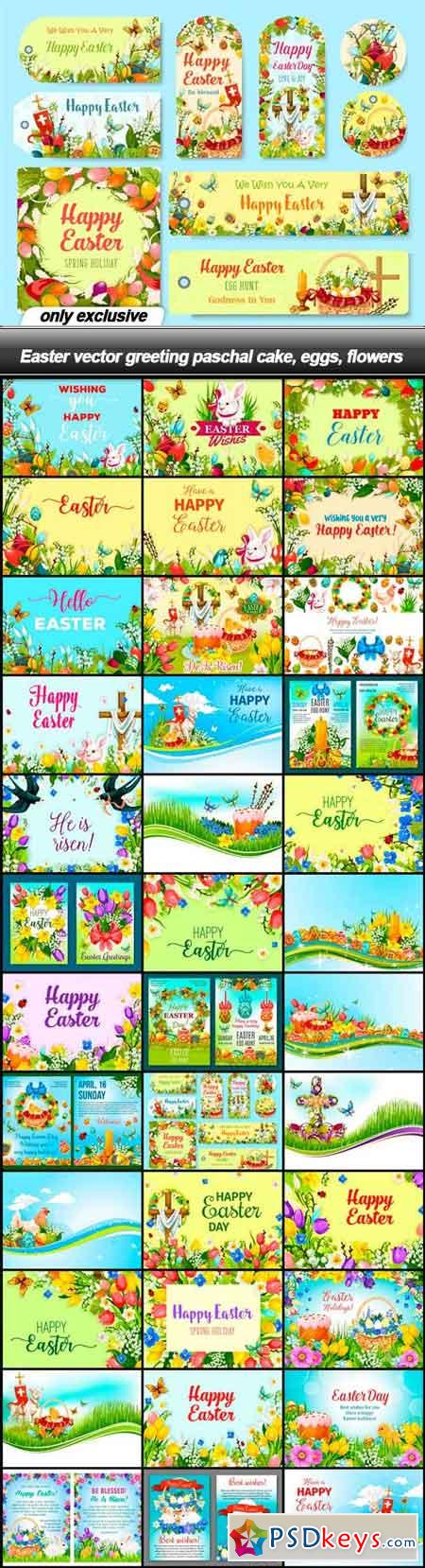 Easter vector greeting paschal cake, eggs, flowers - 38 EPS