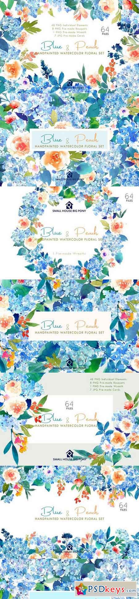 Blue & Peach- Watercolor Floral Set 1290812