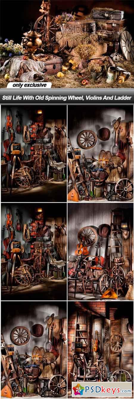 Still Life With Old Spinning Wheel, Violins And Ladder - 7 UHQ JPEG