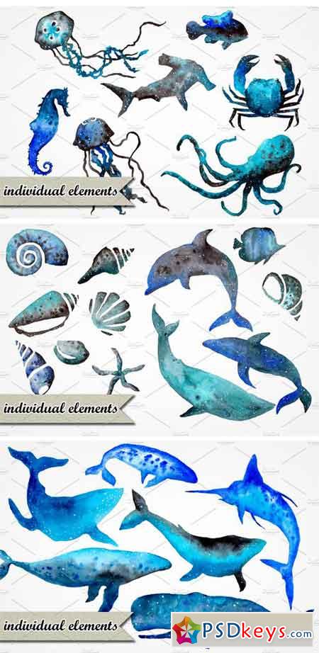 Watercolor Whales & Other Creatures 1360678