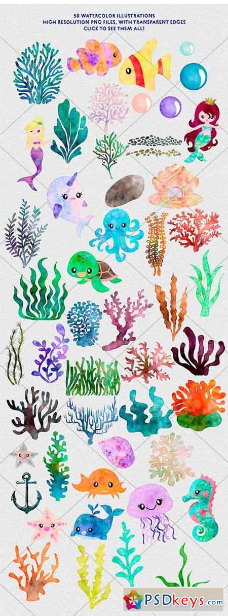Ocean Fantasy Watercolor Bundle 1726371