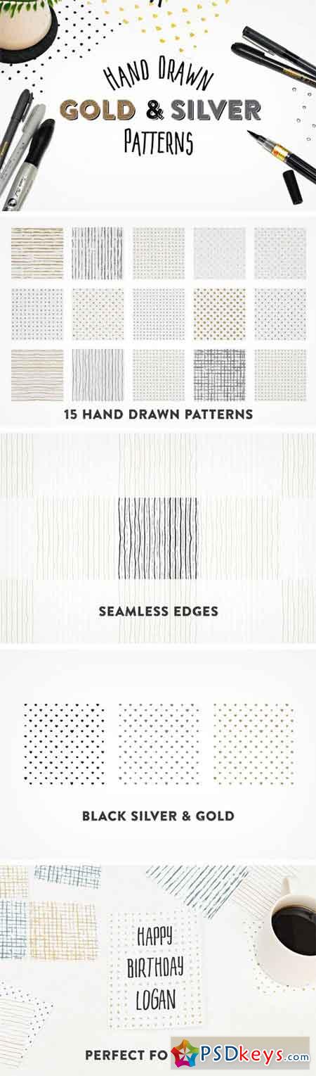 15 Hand Drawn Gold & Silver Patterns 1758582
