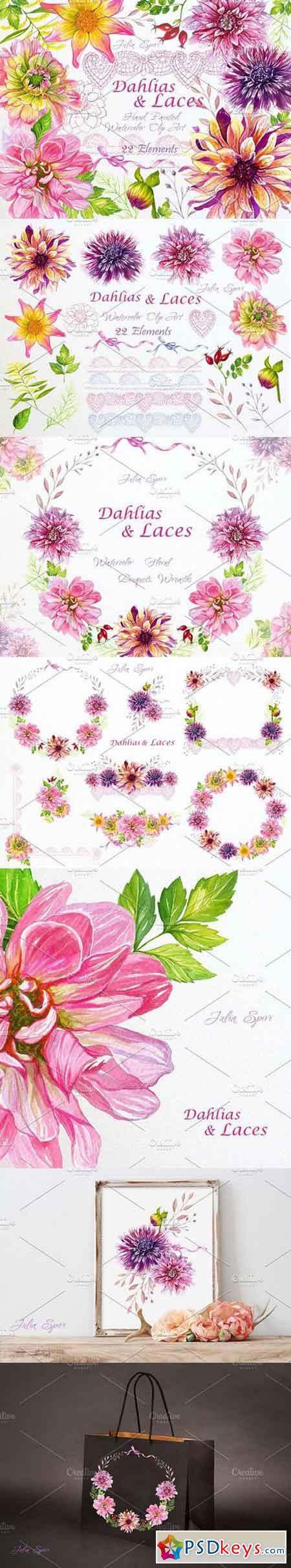 Watercolor Clip Art Dahlias & Laces 1401632