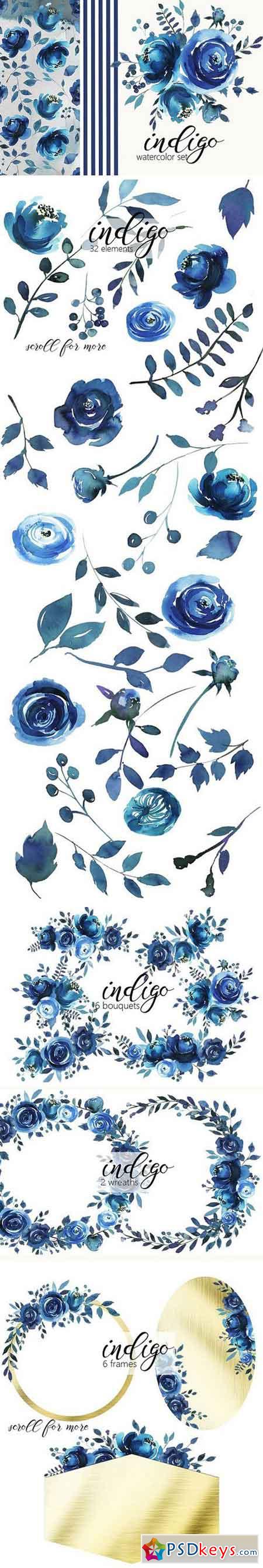 Indigo Blue Watercolor Flowers Set 1236935
