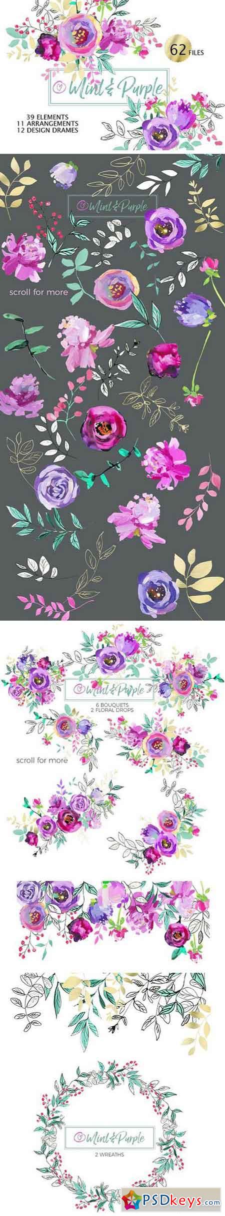Mint and Purple Watercolor Flowers 1252969