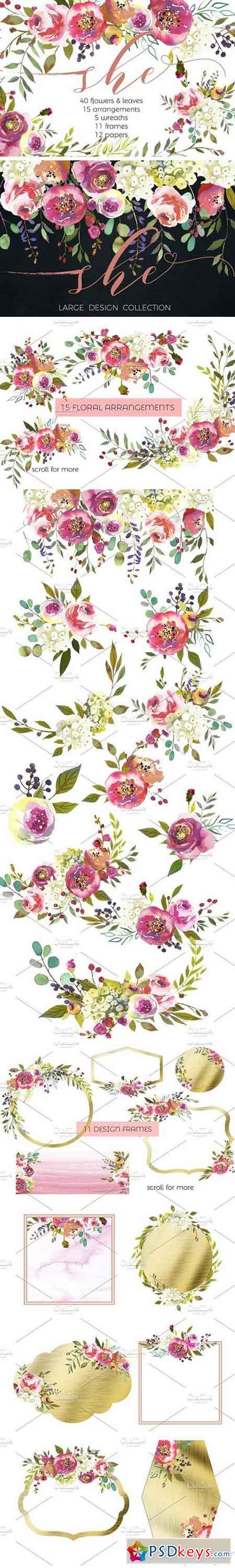 Peach Peonies Watercolor Flowers Set 1153922