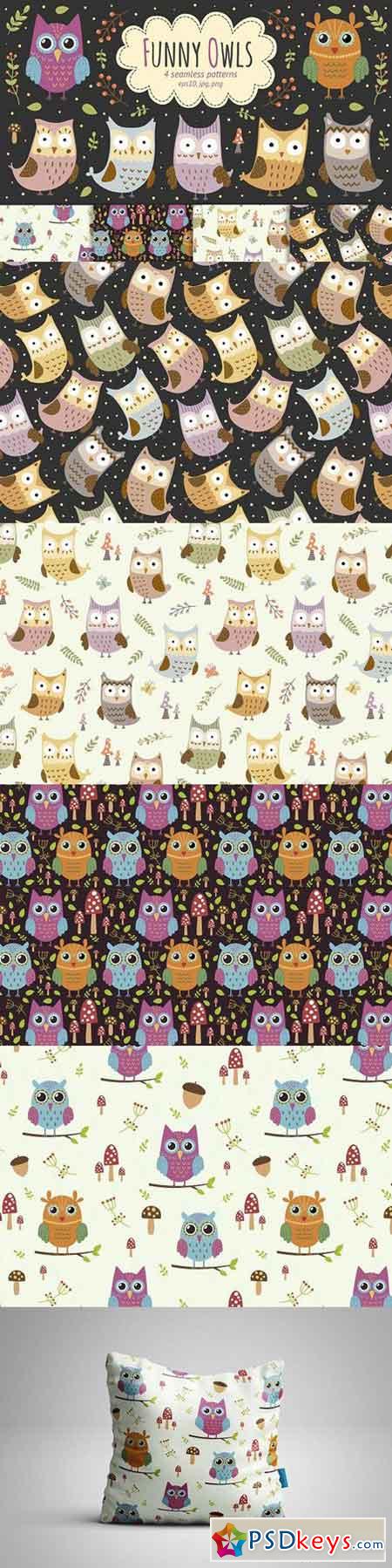 Funny Owls 4 seamless patterns 924232