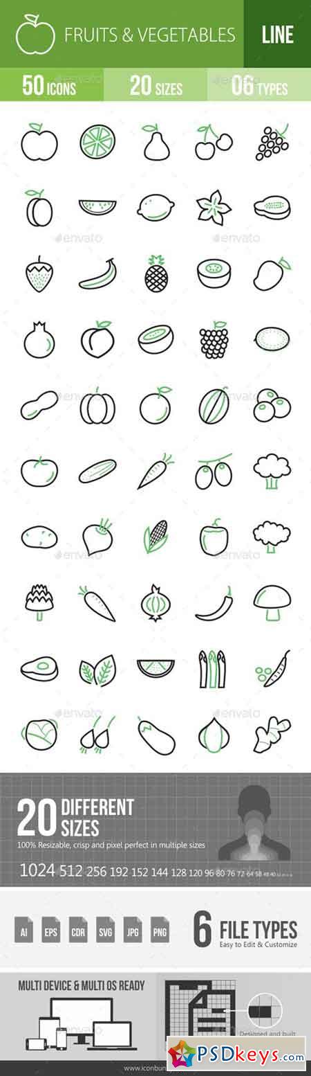Fruits & Vegetables Line Green & Black Icons 15562872