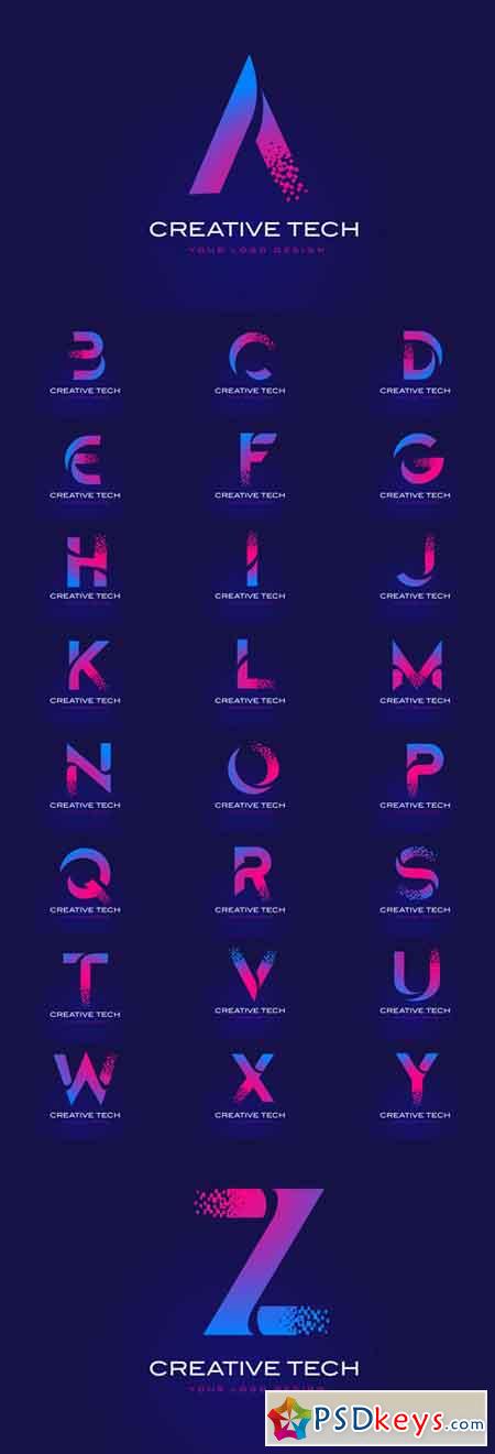 Initial Letter Logos Design with Digital Pixels in Blue and Purple