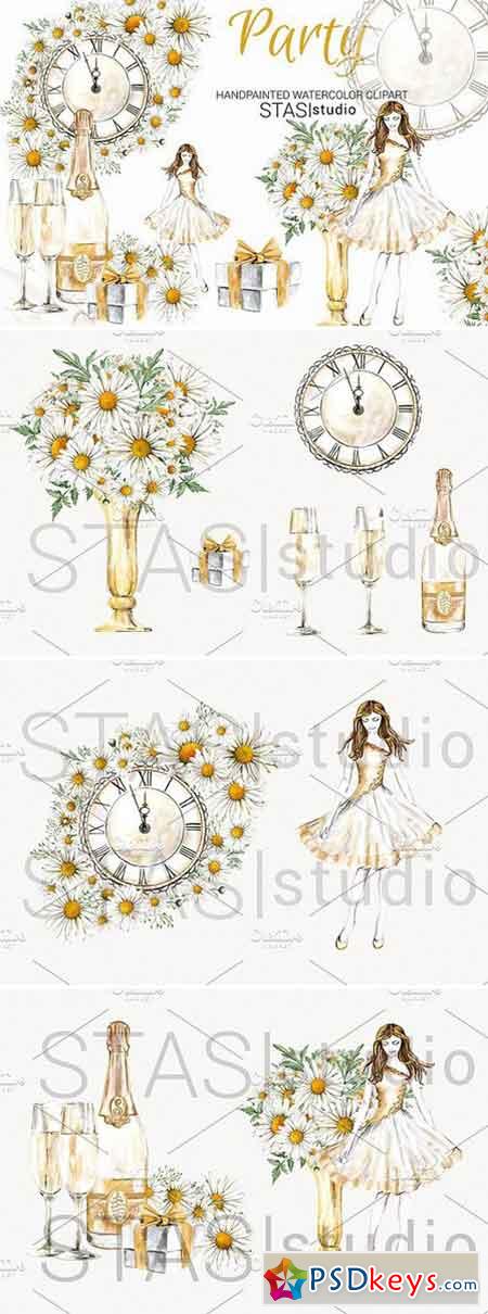 New Year Party Watercolor Clipart 1593053