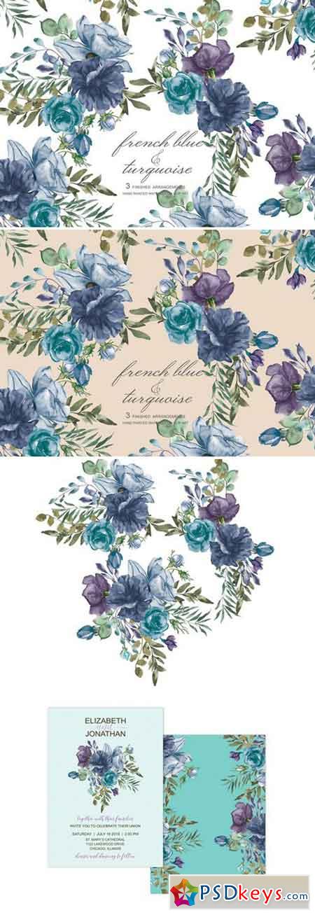 French Blue Watercolor Bouquets 1957399
