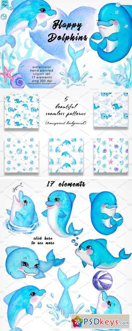 Watercolor Clipart - Happy Dolphins 1989805