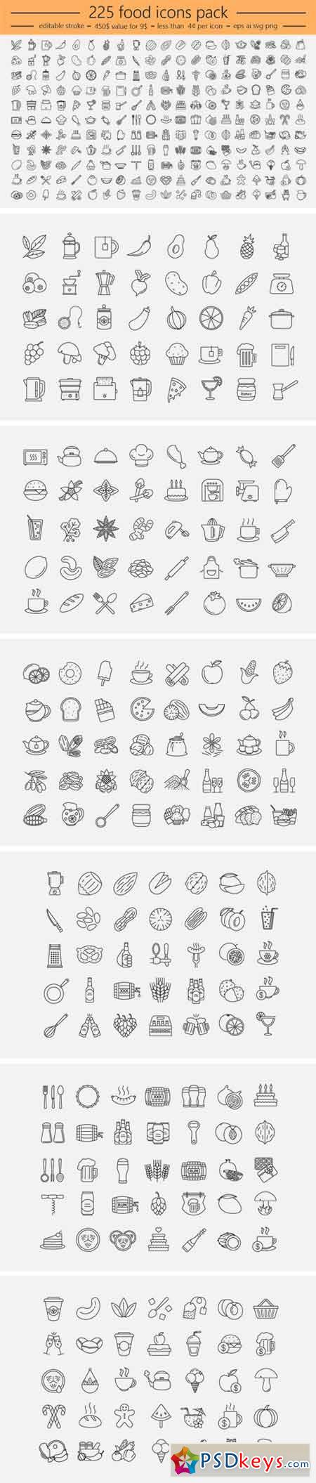 225 Food Icons. Editable Stroke! 1977528