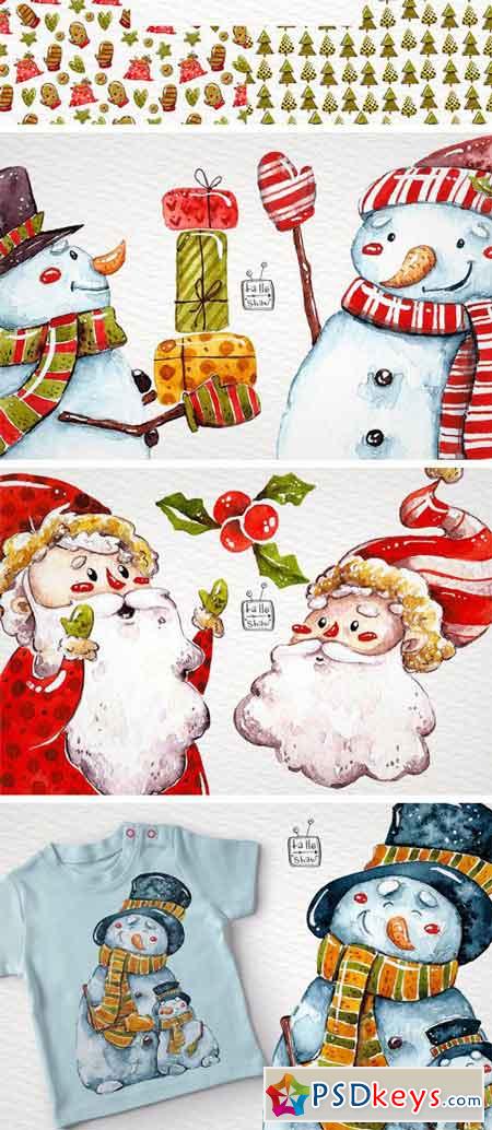 Watercolor Santas and Snowmen 1987530