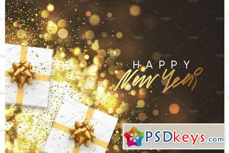 Happy New Year Christmas background with gift box and golden lights bokeh 2025020
