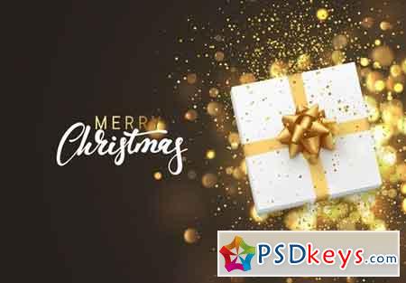 Christmas background with gift box and golden lights bokeh Xmas greeting card 2025031