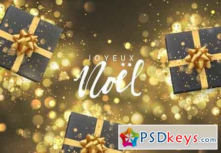 French Joyeux Noel Christmas background with gift box and golden lights bokeh Xmas greeting card 2025030
