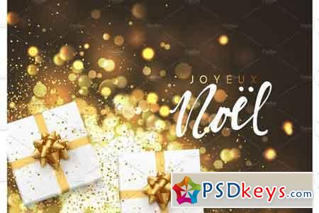 French Joyeux Noel Christmas background with gift box and golden lights bokeh Xmas greeting card 2025022