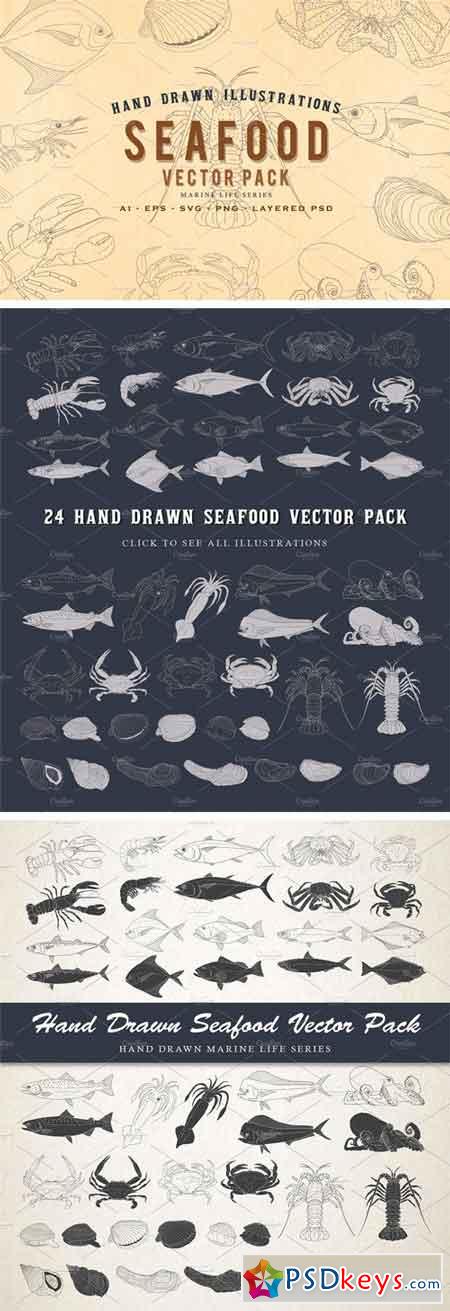 24 Hand Drawn Seafood Vector Set 2316604