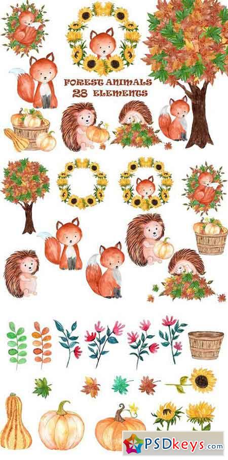Watercolor forest animals clipart 1600311