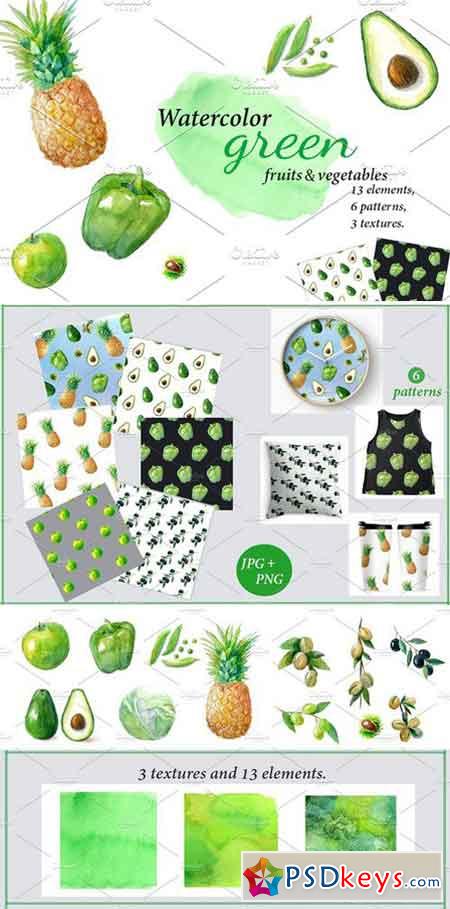 Watercolor green fruits, vegetables 1585971