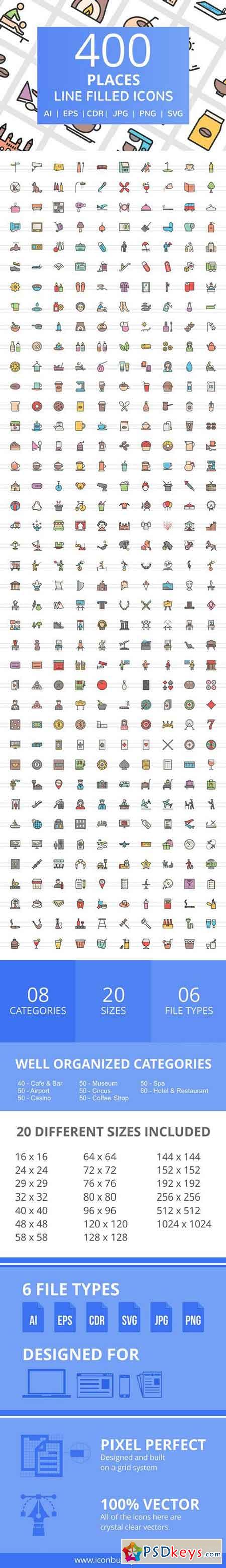 400 Places Filled Line Icons 2356945