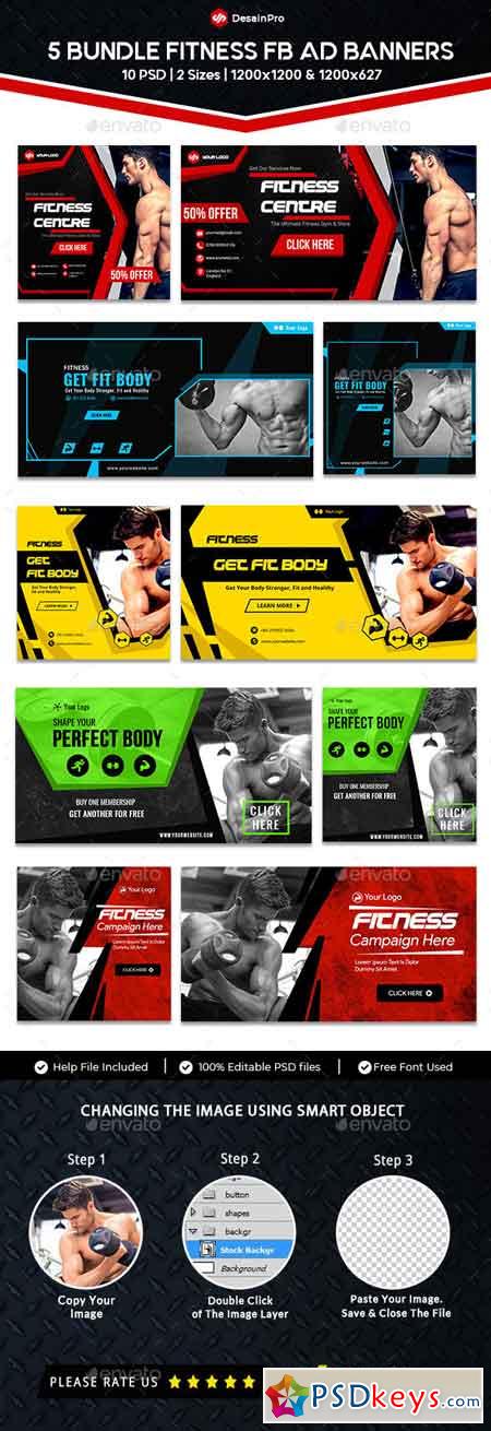 Gym & Fitness FB Ad Banner Bundle - 5 Sets - 10 PSD - AR 21925851