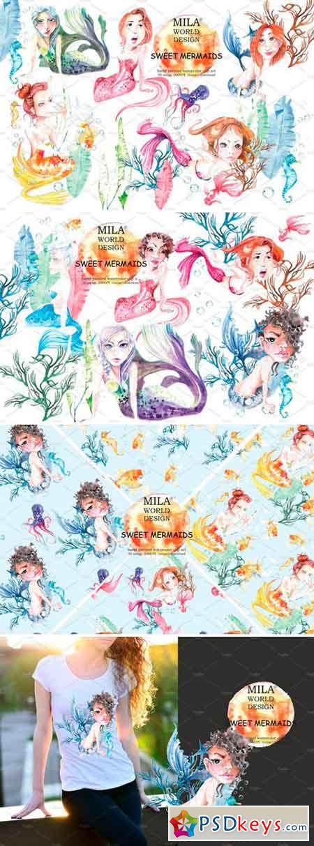 Sweet Mermaids Watercolor Illustrati 2486747