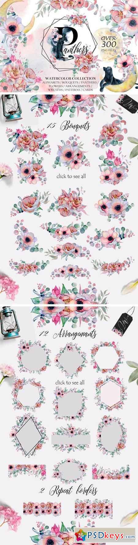 Panthers & Floral Watercolor Set 2509961