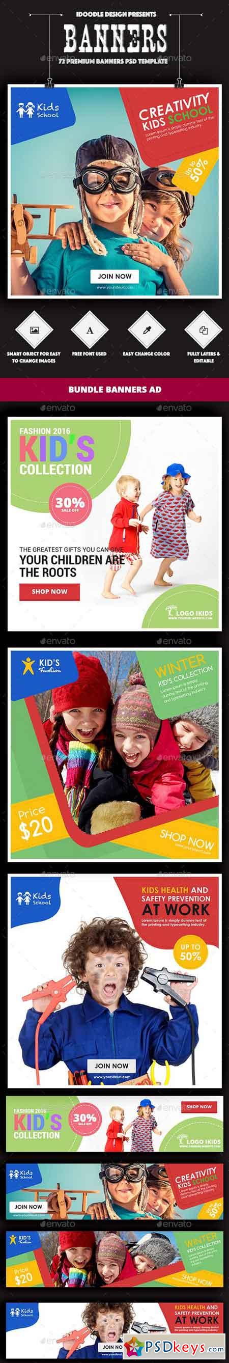 Bundle Kids Creative & School Banners Ad - 72 PSD [04 Sets] 16687714