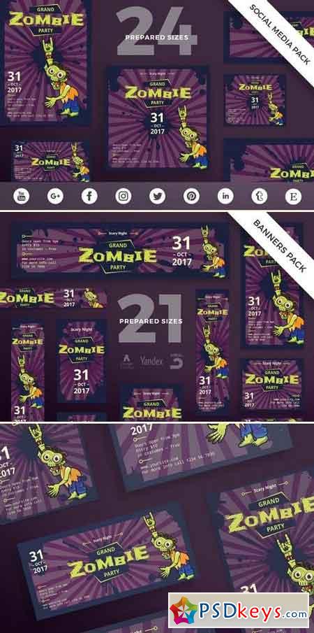 Halloween Zombie Party Banner Pack, Flyer and Poster, Social Media Template