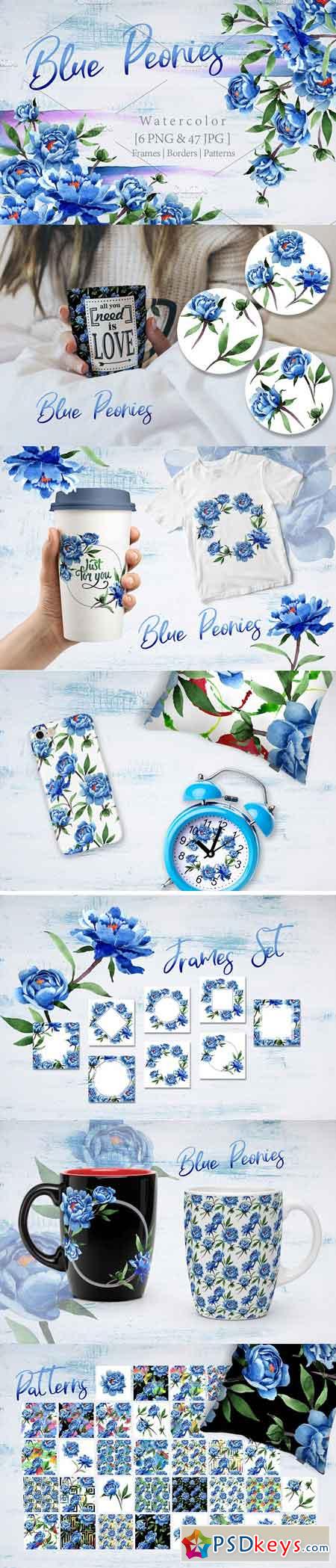 Cool blue Peonies PNG watercolor flower set 2891465