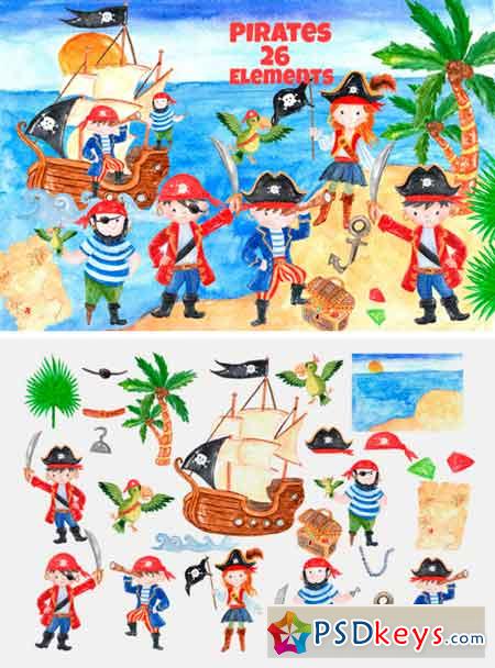 26 Pirate Themed Kids Clip-Art Elements