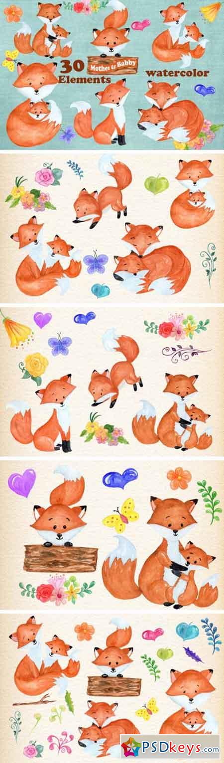 30 Mother & Baby Fox Clipart Designs