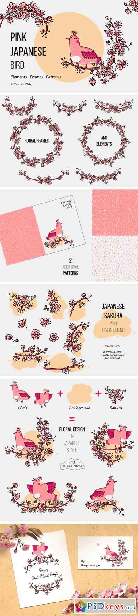 Pink Japanese Bird - Floral Set 137505