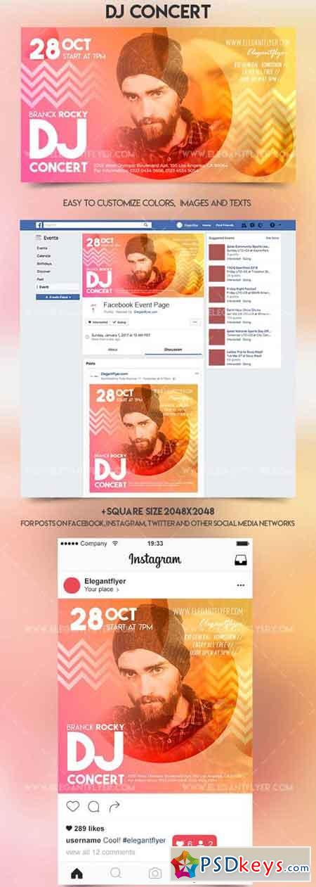 DJ Concert V8 2018 Facebook Event + Instagram template + Youtube Channel Banner