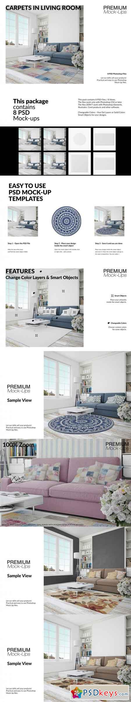 4 Types of Carpets & Pillows in Living Room Mockup Set 3499046