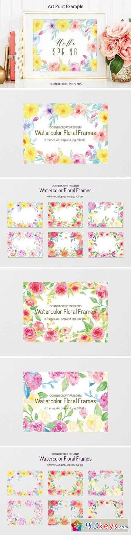 Watercolor floral frame yellow and pink