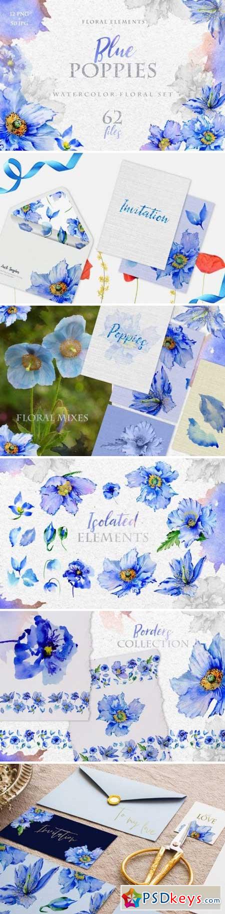 Blue Poppies Watercolor png 3319870
