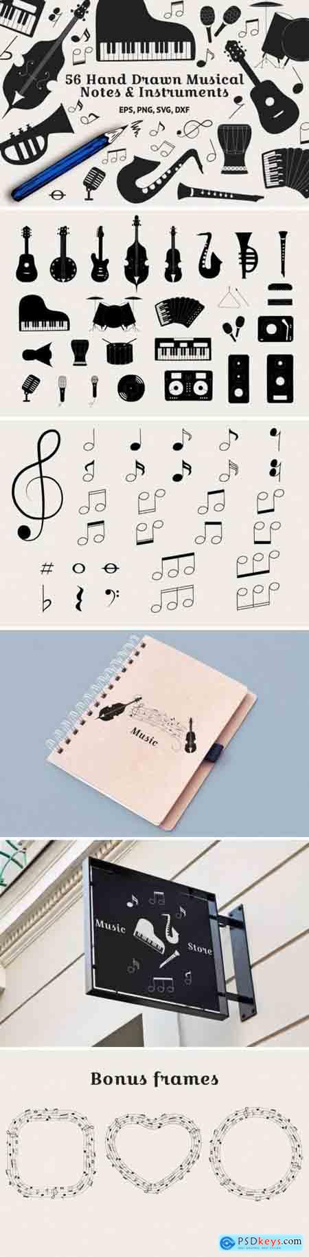 56 Hand Drawn Musical Instruments & Music Notes