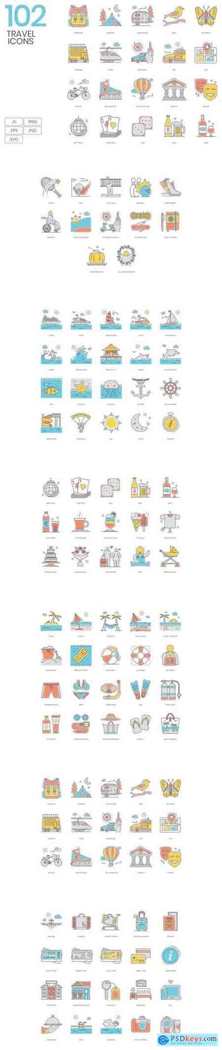 102 Travel Color Line Icons