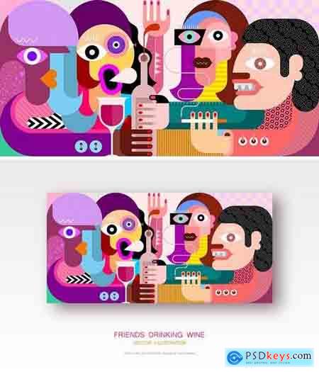 Four Friends Drinking Wine vector illustration