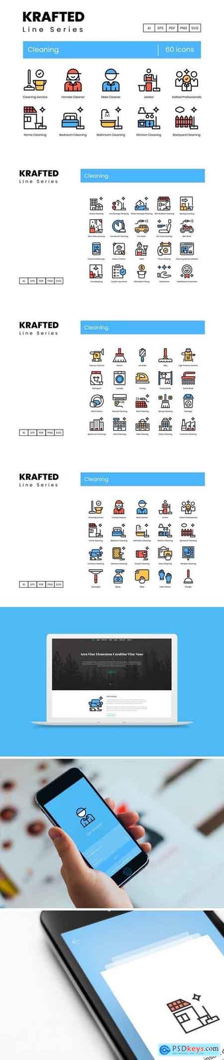 60 Cleaning Icons Krafted Line Series